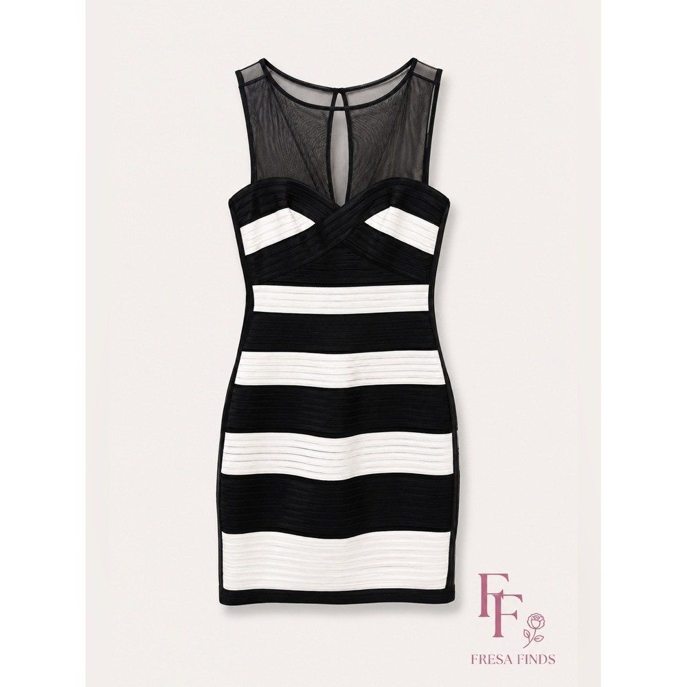 BCBGMAXAZRIA Mara Black White Striped Bandage Dress Mesh Illusion Size 2